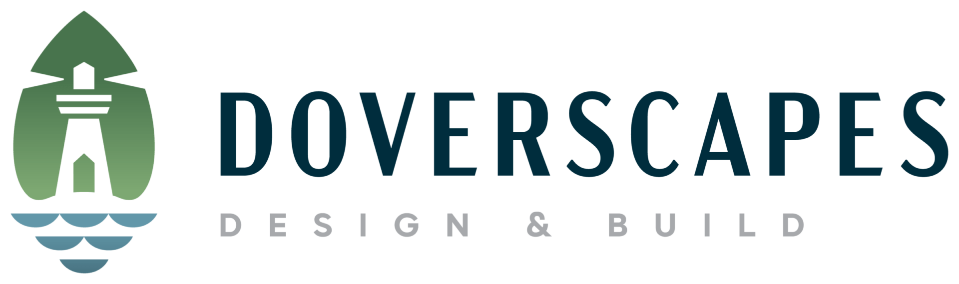 The image displays a logo with the words "DOVERSCAPES DESIGN & BUILD" in a dark font on a green background, accompanied by an abstract symbol.