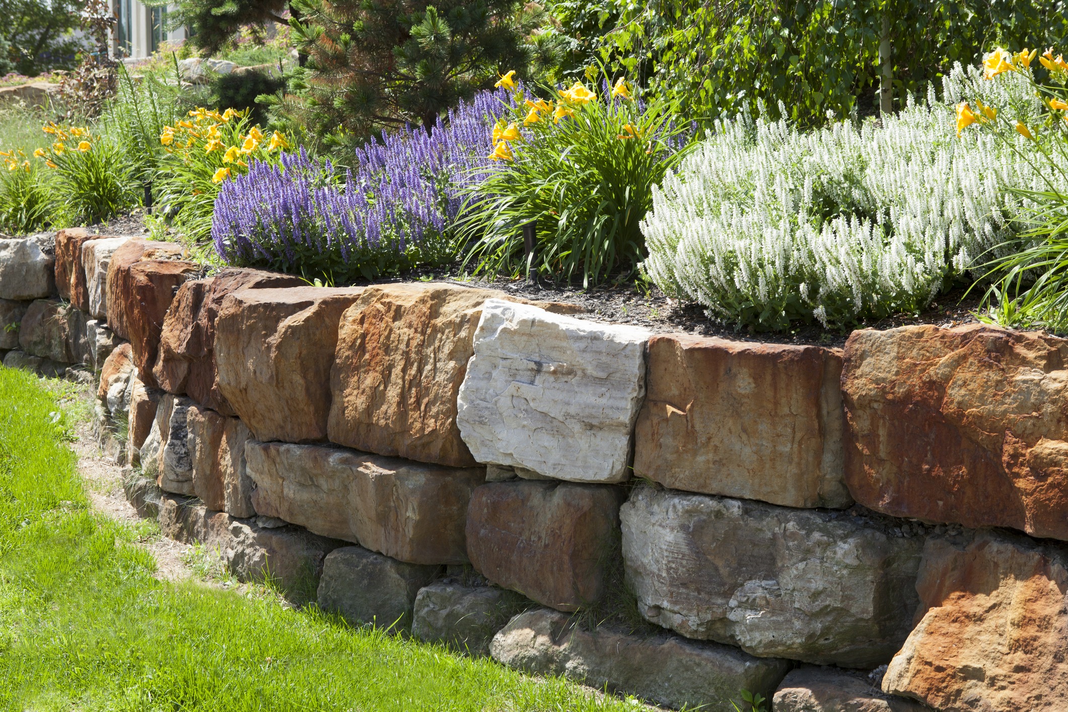 This image displays a beautifully landscaped garden with colorful flowers and plants behind a rustic stone retaining wall on a sunny day.