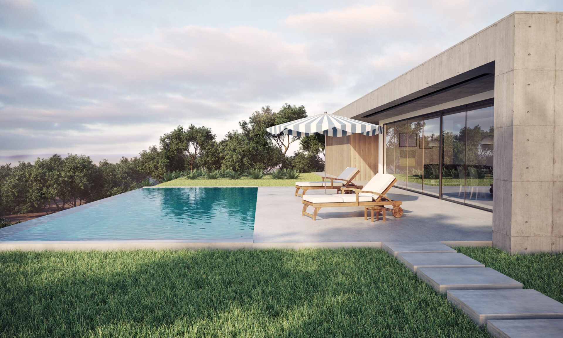 Modern house with large glass windows overlooking an infinity pool. Striped umbrella with deck chairs on a patio, surrounded by lush greenery.