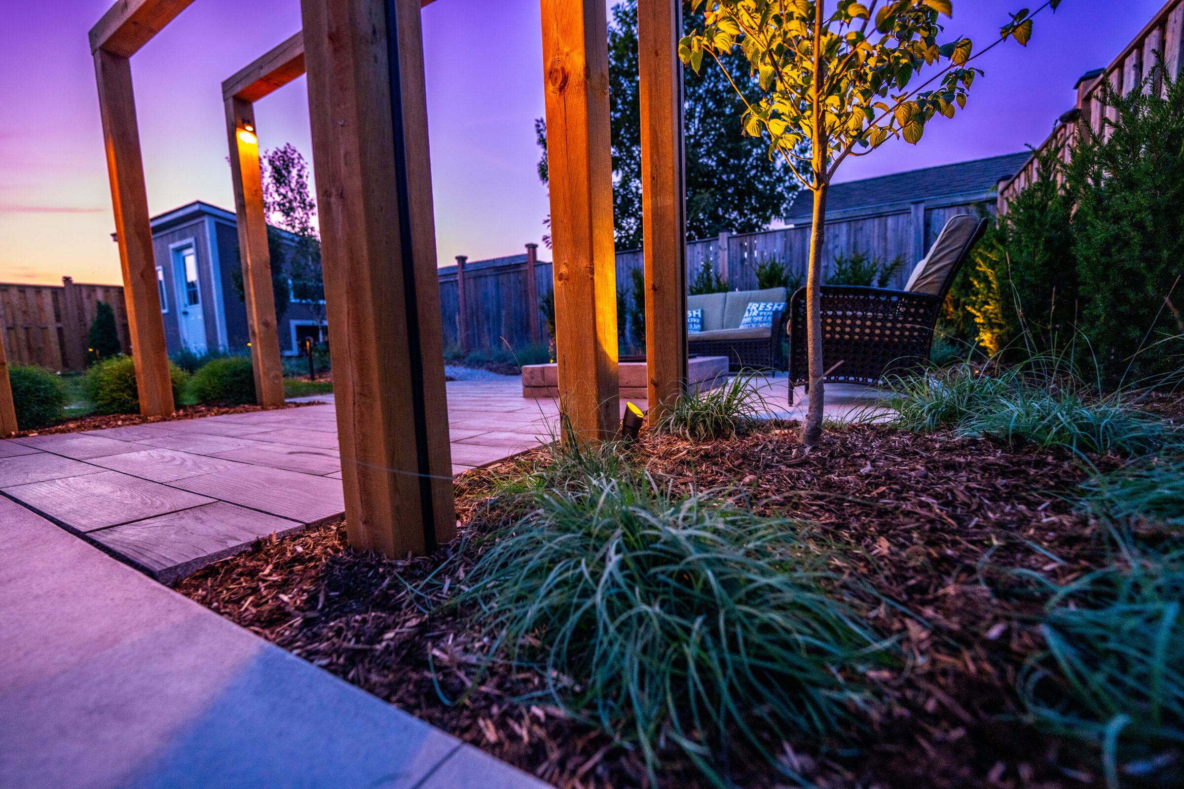 An outdoor twilight scene featuring a wooden bench under a pergola, surrounded by lush plants, with a warmly lit path leading through a garden.