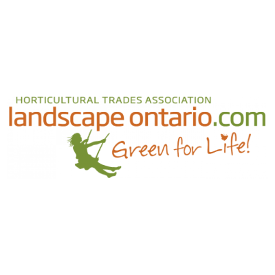 The image is a logo for Landscape Ontario, featuring a green stylized tree and person silhouette, with the tagline "Green for Life!" in a white banner.