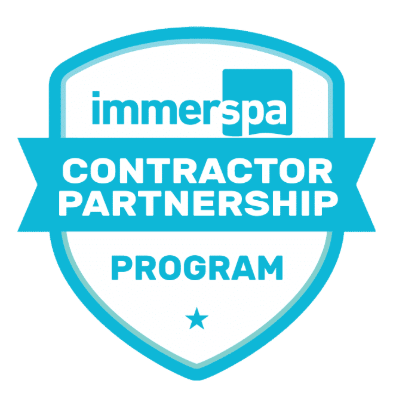 The image displays a badge with a blue and white color scheme that reads "immerspa CONTRACTOR PARTNERSHIP PROGRAM," indicating some form of professional affiliation or certification.