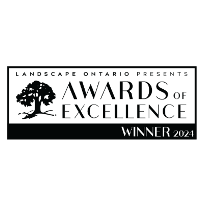 The image features an emblem for the "Landscape Ontario Awards of Excellence Winner 2024" with a stylized tree graphic on a dark green background.