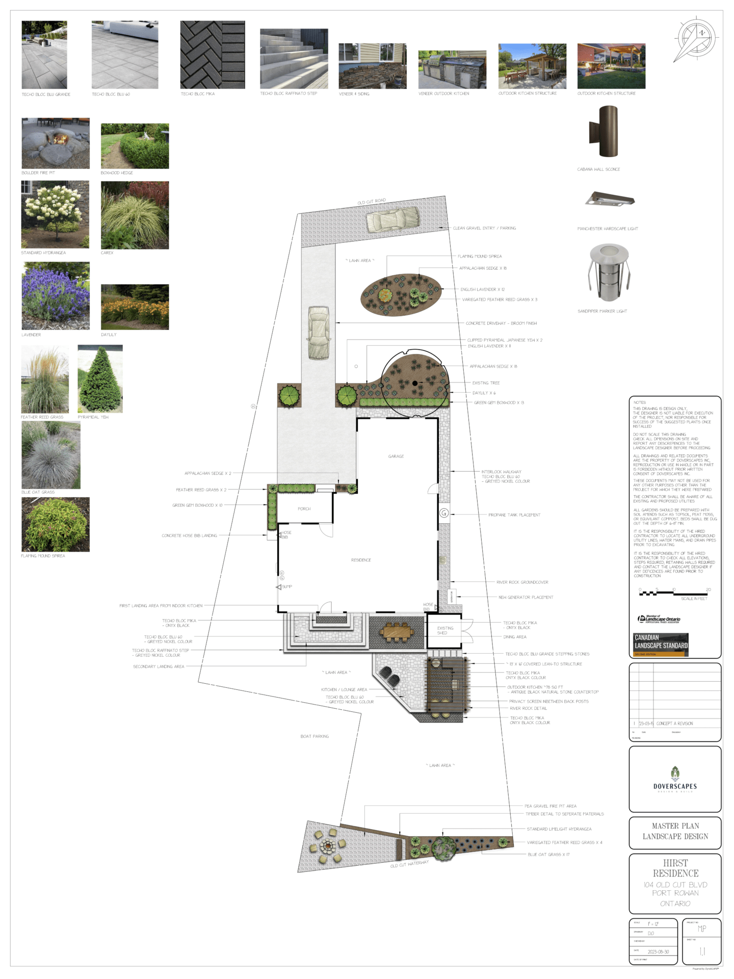 This image showcases a detailed landscape design plan with plant pictures, material swatches, hardscape ideas, and lighting examples for a residential property.