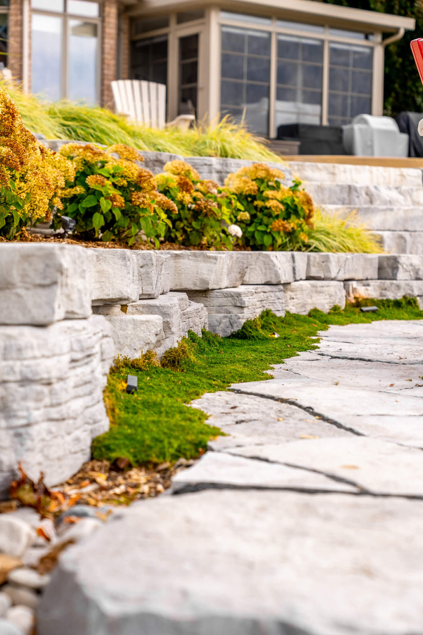 Detailed view of a flagstone path and stone wall with vibrant green moss and blooming hydrangeas.