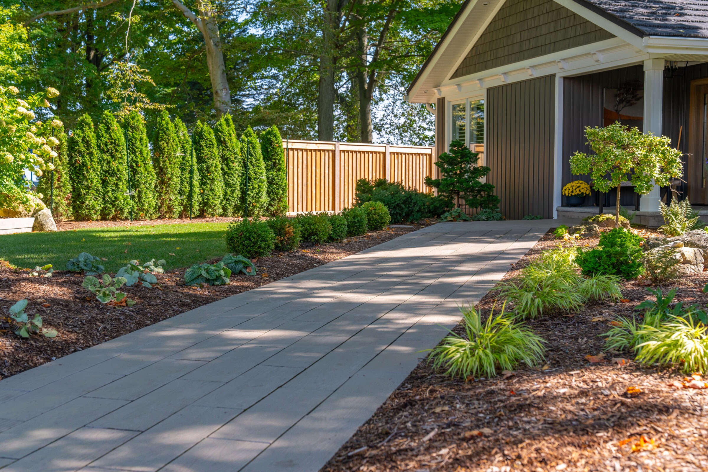 A wide plank-style stone walkway leading past a row of tall evergreens and a wooden fence.