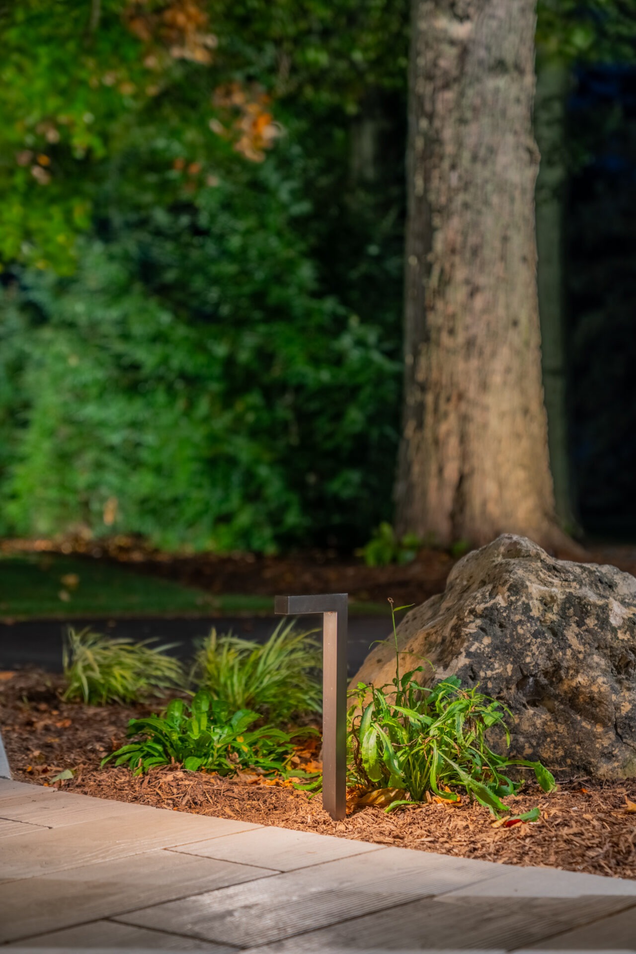 Detail of a minimalist black landscape light illuminating a garden bed and stone path at night.