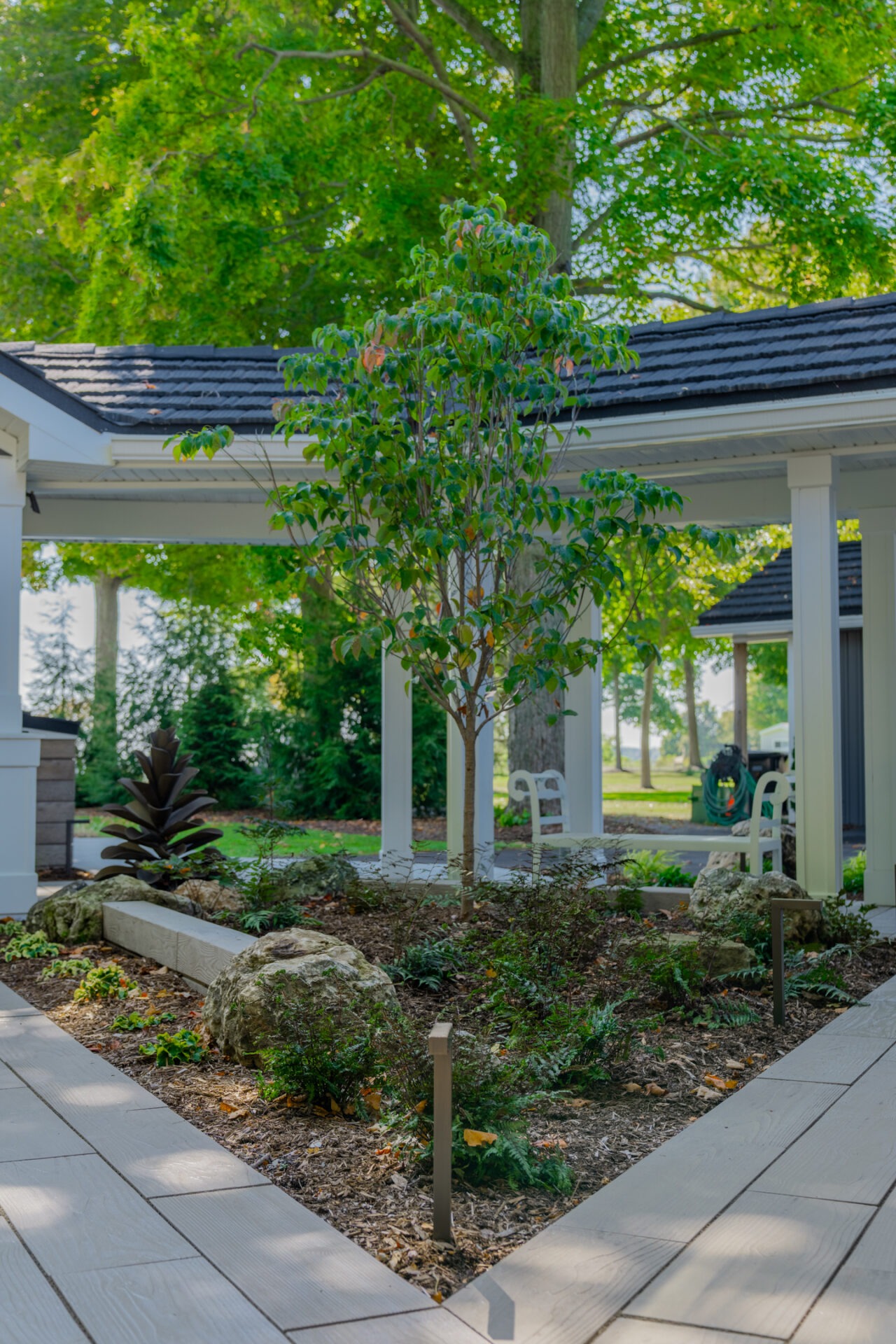 A small tree in a triangular garden bed surrounded by stone paths and white architectural pillars.