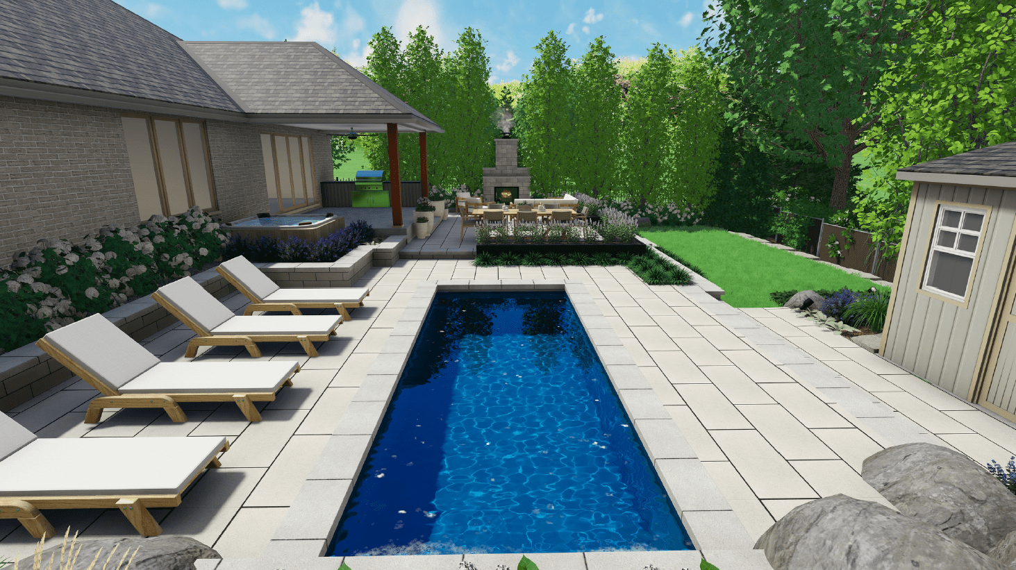 A realistic 3D landscape design rendering by Doverscapes Inc. featuring a deep blue rectangular pool, a row of modern white sun loungers, an integrated hot tub, and a custom outdoor fireplace in a lush, private backyard setting.
