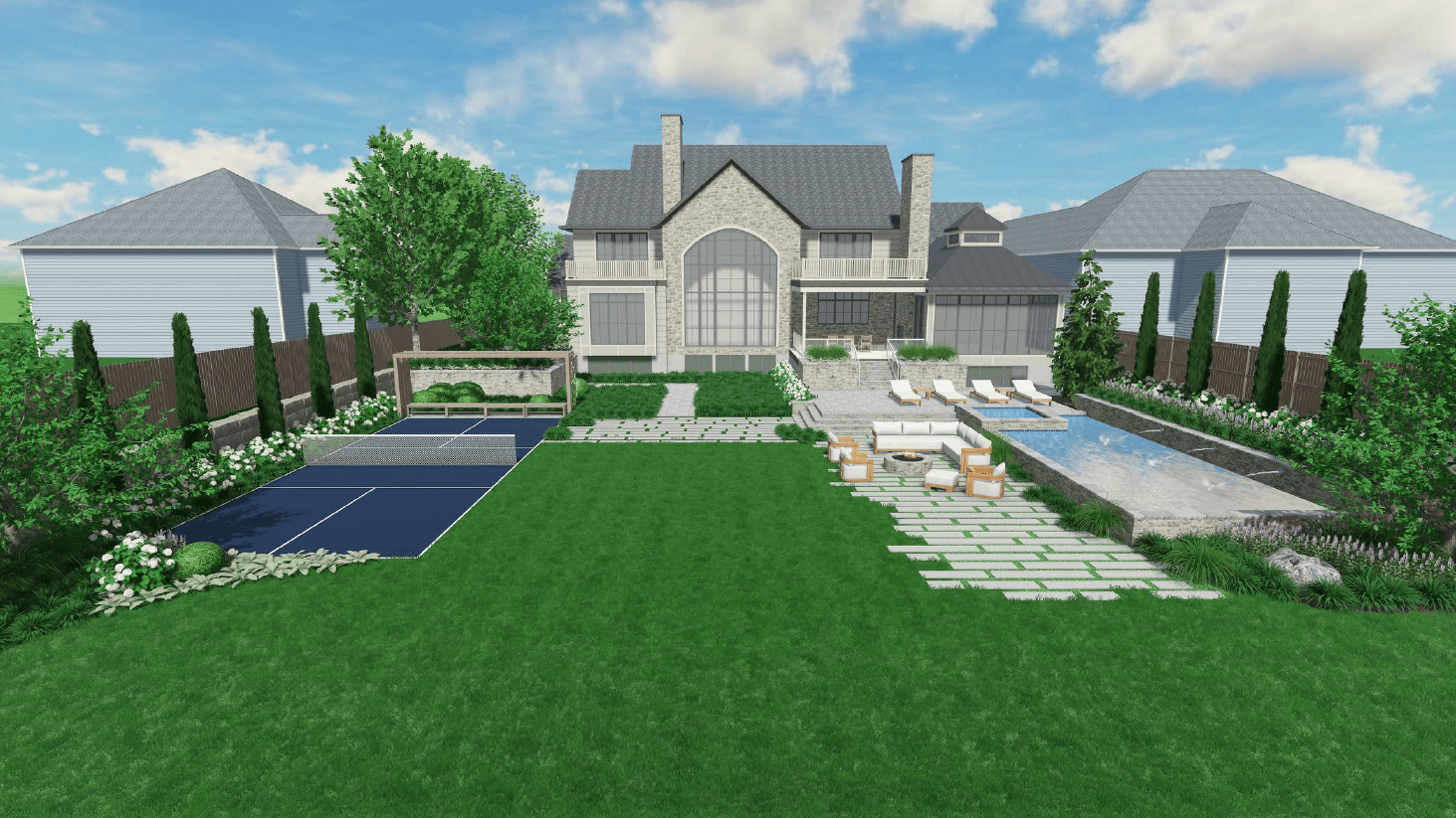A comprehensive 3D landscape master plan by Doverscapes Inc. featuring a private pickleball court, infinity-edge pool, stone terrace with outdoor lounge, and professional garden lighting for a luxury estate.
