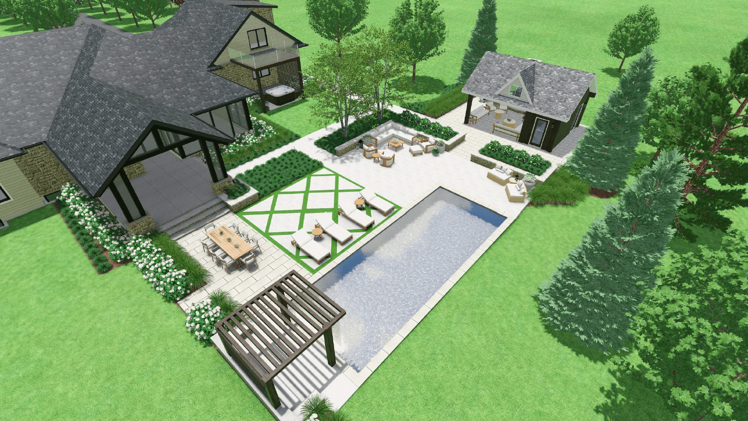 A detailed 3D landscape design rendering by Doverscapes Inc. showing a comprehensive backyard plan with a large rectangular pool, modern pergola, outdoor kitchen cabana, and geometric patio pavers.
